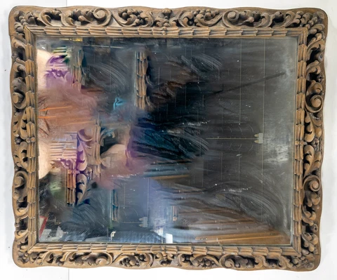 Antique 17/18th C. Italian Baroque Carved Walnut Frame with Mirror Leaf Scroll Cover