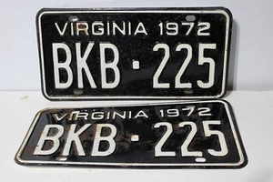 Vintage 1972 Virginia Vehicle License Plates " BKB -225 " - Picture 1 of 4