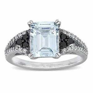 Anillos de compromiso de diamantes blancos y negros aguamarina de hielo 925 de 2,40 quilates - Imagen 1 de 5