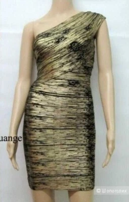 Herve Leger Gold One Shoulder Bodycon Dress Size M - Image 1 of 4