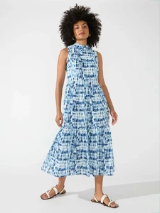 RO & ZO .. Blue & White Tie Dye Print Sleeveless Cotton Midi Dress Sz 10 - Picture 1 of 10
