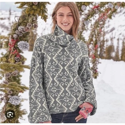 Suéter Sundance In The Fjords Gris Blanco Estampado IKAT Algodón Cuello Alto Talla XL Foto 1 de 4