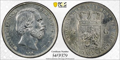 NETHERLANDS 1/2 Gulden 1859 Utrecht Mint William III PCGS UNC - Image 1 of 4