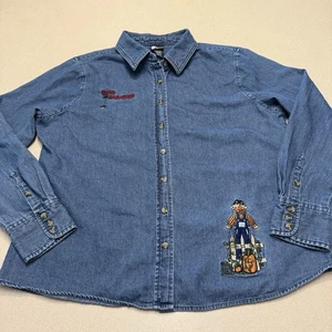 Vintage Womens XL Halloween Embroidered Denim Shirt Autumn Scarecrow Read - Picture 1 of 12