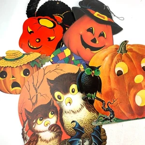 Vintage Menge 5 Kürbisse Eulen Dennison gestanztes Papier Halloween Deko - Bild 1 von 11