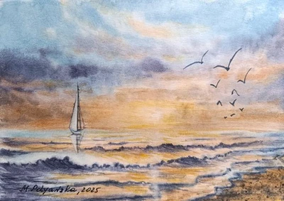 Obras de Arte Originales Pintura Moderna Paisaje CIELO PÁJAROS MARINOS OLAS Artes Paisaje Marino A5 Foto 1 de 4