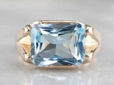 Anel de coquetel feminino solitário corte esmeralda criado em laboratório água-marinha prata 925 - Imagem 1 de 4