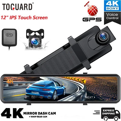TOGUARD 4K Dual Dash Cam 12" Mirror Front and Rear Car DVR GPS Backup Camera
