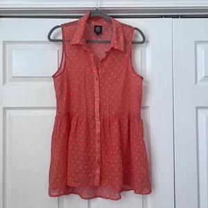 Bobeau Polka Dot Blouse Sleeveless Button Down Top Coral Pink Size L - Picture 1 of 7