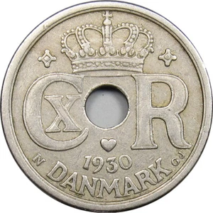 1930 HCN GJ Denmark Christian X Holed 25 Ore XF KM# 823.2 - Picture 1 of 5