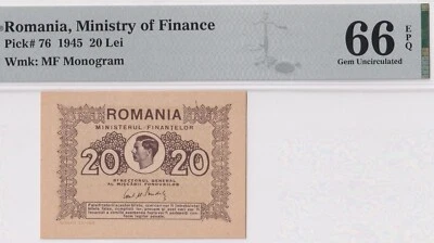 ROMANIA-20 LEI-1945-PICK 76 **PMG 66 EPQ GEM UNC** - Image 1 of 3