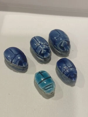 5 件复古珐琅陶瓷 Scarab 珠耳环绿松石蓝色埃及复兴 — 第 1/4 张图片