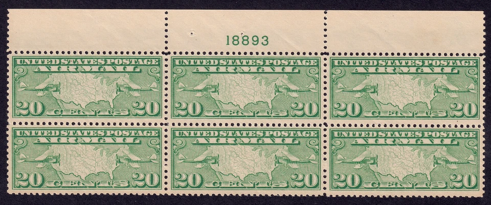 US Scott C9 (P# block of 6) 1927 Map of US and Two Planes, 20c, NH MINT - Image 1 of 1