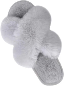 Women'S Fuzzy Slippers Comfy Cross Band House Shoes Memory Foam Open Toe Indoor - Picture 1 of 12