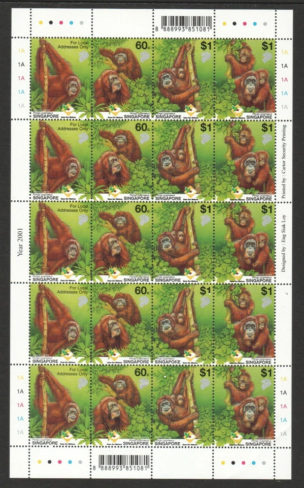 CINGAPURA 2001 CUIDADOS COM A NATUREZA ORANGOTANGOS FOLHA COMPLETA DE 20 SELOS (5 CONJUNTOS) ESTADO PERFEITO - Imagem 1 de 1