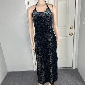 Vintage 90s Womens Maxi Dress Timing Party Formal Velour Animal Print Halter U5 - Picture 1 of 8