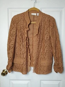 Chico's Size 1 Women Medium Lace Ruffle Jacket Tan Open Front Ruched Sleeve - Picture 1 of 5