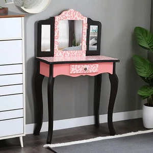 Red Sturdy Three-Fold Mirror Children Vanity Table Set, Makeup Vanity Table Set - Picture 1 of 24
