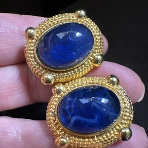 Vintage Ohrringe goldfarben blau Glas Piercing - Bild 1 von 11
