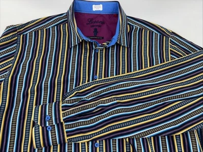 Camisa Luchiano Visconti Abotonada Rayas Manga Larga 2 Capas Algodón Púrpura Azul XL Foto 1 de 4