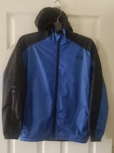 Under Armour Youth Large Zip-up Hooded Windbreaker Jacket Black/blue - Picture 1 of 4