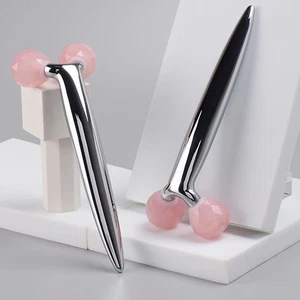 Rodillo facial de cuarzo rosa multi-harina 3D mango de acero inoxidable masajeador facial cuerpo - Imagen 1 de 18
