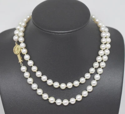 30" Women's 14K Signed "L" Genuine Pearl 7.3MM Beaded Yellow Gold Clasp Necklace - Image 1 of 4
