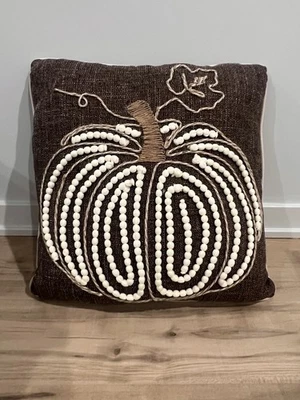 Pillow Embroidered Pumpkin Hopsack-Look Brown Rustic 17x17" Fall Farmhouse Decor - Image 1 of 4