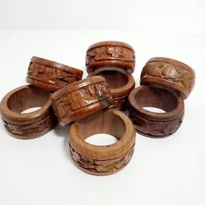 Handcarved Teak Wood Napkin Rings Made in India, 8 pieces - Picture 1 of 6