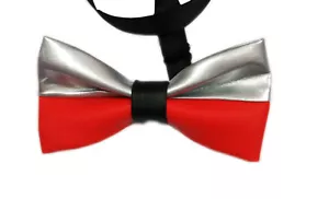 New Men PVC Faux Leather Silver and Red Stitching Bow Tie Bowtie Wedding Party - Picture 1 of 3