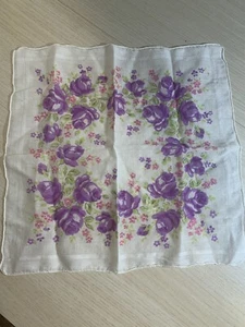 Violet Handkerchief Hanky Hankie Floral Hand Painted Rolled Edge Vintage 11 Inch - Picture 1 of 8
