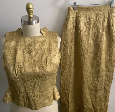 Vintage Gold Taffeta 2 Pc Skirt Set Embroidered Long Slim, Slit & Camisole Top S - Image 1 of 4