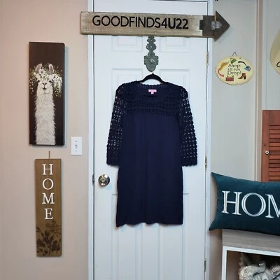 Vestido Lilly Pulitzer Kariana Tejido Abierto Crochet Manga 3/4 S Azul Marino Lana Merino Foto 1 de 4