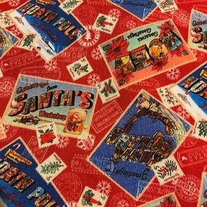 Joann Bristol Bay Fabric Christmas Red Postcard Stamp Pattern 59in x 40in - READ - Picture 1 of 8