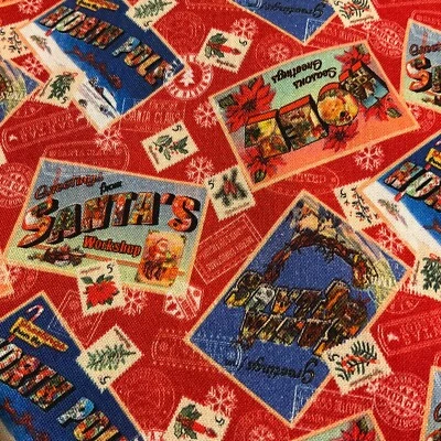 Joann Bristol Bay Tela Navidad Rojo Postal Estampilla Patrón 59 pulgadas x 40 pulgadas - LEER Foto 1 de 4