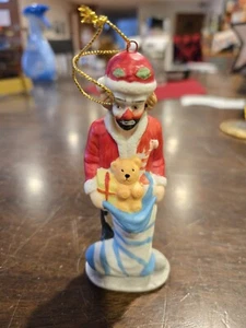 Vintage 4" FLAMBRO Emmett Kelly Jr Christmas Santa with Stocking - Picture 1 of 3
