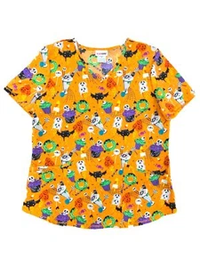 Womens Orange Halloween Scary Sweet Scrub Medical Smock Scrubs Shirt - Picture 1 of 1