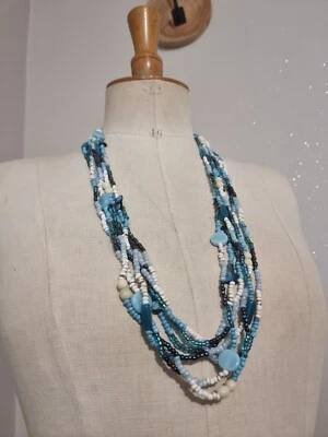 COLLIER SAUTOIR VERRE PATE DE VERRE BLEU NECKLACE MULTIRANGS  - Photo 1/4