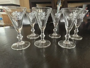 Vintage Sherry Glasses Etched With “Shelburne Virtute Non Verbis” 5 Piece - Picture 1 of 7