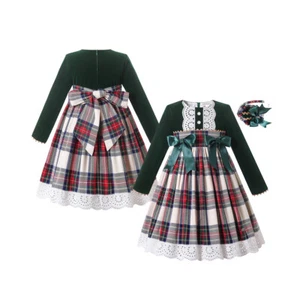 Spanish Kids Vintage Dress Girls Autumn Christmas Clothes with Headband Green - Picture 1 of 12