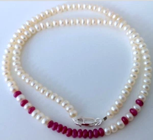 925 SILVER VINTAGE ESTATE WHITE BAROQUE CULTURED PEARL/RUBY STATEMENT NECKLACE - Picture 1 of 9