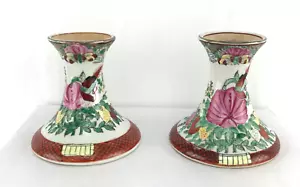 Antique Vintage Chinese Hand Painted Candle Stick Holders Stamped Set of 2 - Picture 1 of 11