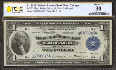 1918 $1 FEDERAL RESERVE BANKNOTE CURRENCY CHICAGO ILLINOIS PCGS 30 VF (846A) - Image 1 of 2