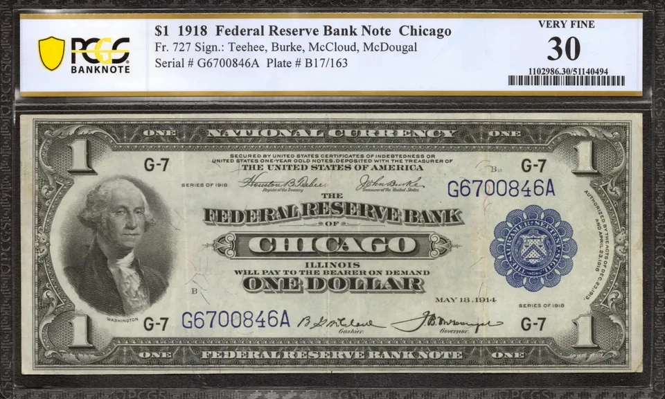 1918 $1 FEDERAL RESERVE BANKNOTE CURRENCY CHICAGO ILLINOIS PCGS 30 VF (846A) - Image 1 of 2