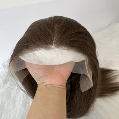Peluca frontal de encaje marrón claro en capas resistente al calor cabello pre arrancado largo recto Foto 1 de 4