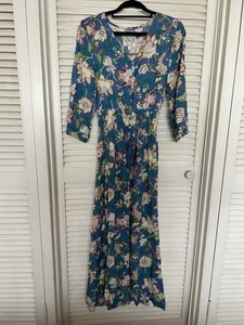 Sunday Mi Amor Womans S Floral Pink Blue Bohemian Babydoll Smocked Maxi Dress - Picture 1 of 6