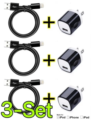 3X Black Wall AC Charger + Data Sync USB Cable Cord for iPhone 5S SE 6 s 7 8Plus - Image 1 of 3