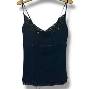 Y2K Tank Top Camisole Black Lace Ribbon Tie Beaded Cotton Whimsygoth Fairy Sz L - Picture 1 of 14