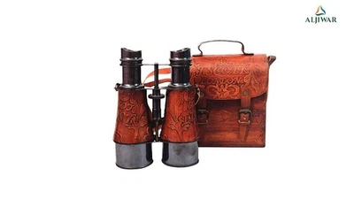 Vintage Brass Leather Binoculars w/ Embossed Case – Antique Style Decor - Image 1 of 4