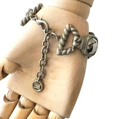 Vintage Silver Givenchy Chunky Link Bracelet Hematite Glass 1980s Logo Charm 58g - Image 1 of 4